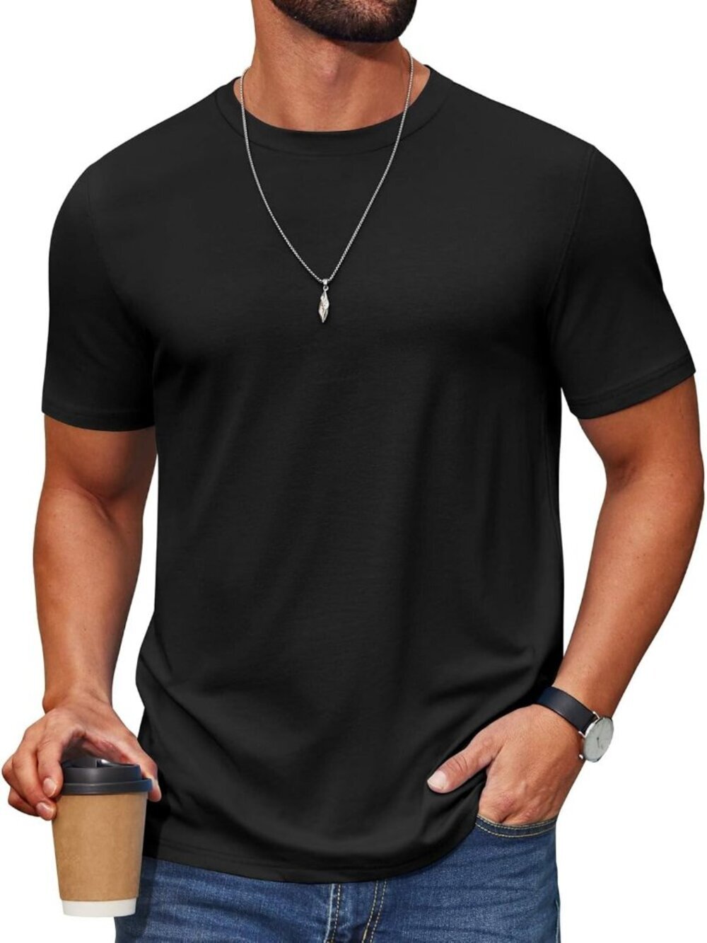 Men's Black T-Shirt Short Sleeve Cotton Blend Crew Neck Casual Summer Basic Tee